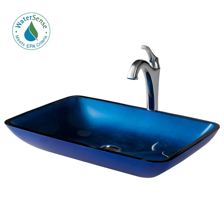 22" Rectangular Blue Glass Bathroom Vessel Sink and Arlo Faucet Combo Set with Pop-Up Drain