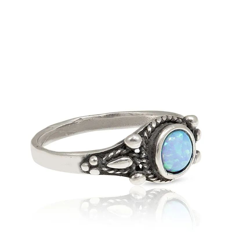 925 Sterling Silver Round Blue Opal 5mm Ring