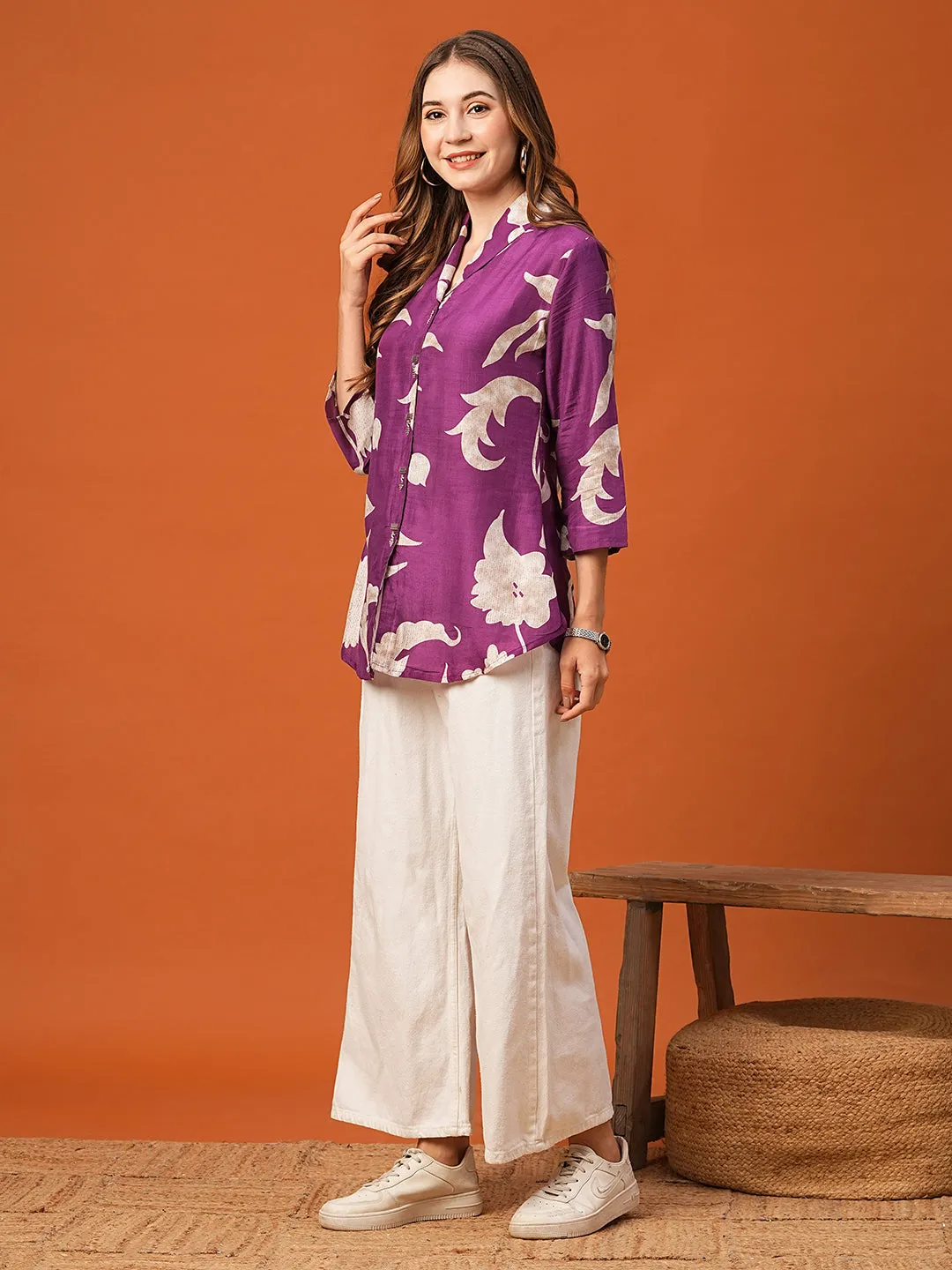 Abstract Floral Printed Straight Fit Kurti - Deep Purple