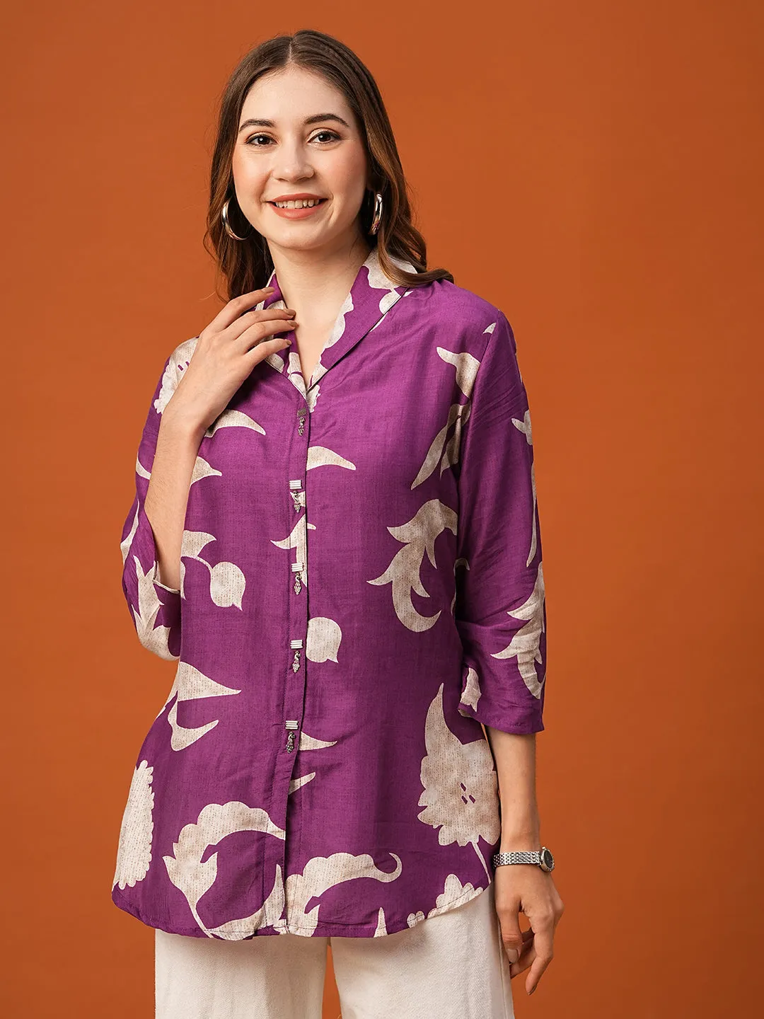 Abstract Floral Printed Straight Fit Kurti - Deep Purple