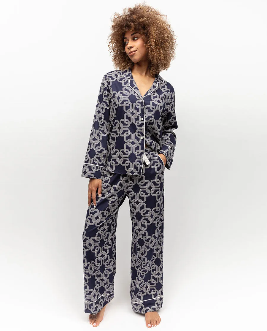 Avery Navy Chain Print Wide Leg Pyjama Set