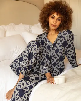 Avery Navy Chain Print Wide Leg Pyjama Set