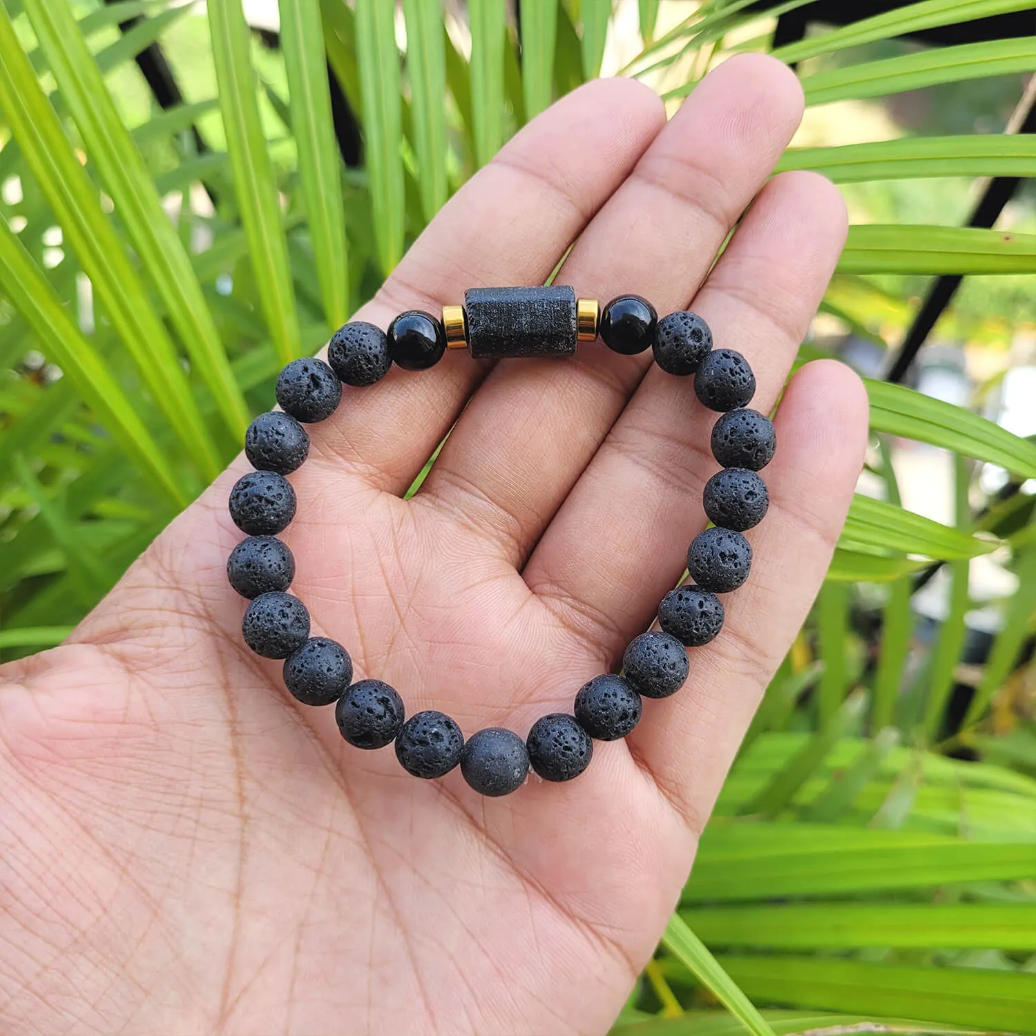 Black Tourmaline Matte Tumble Bracelet With Lava Stone And Golden Hematite