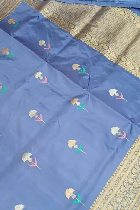 Blue Banarasi Pure Katan Silk Handloom Flower Design Saree