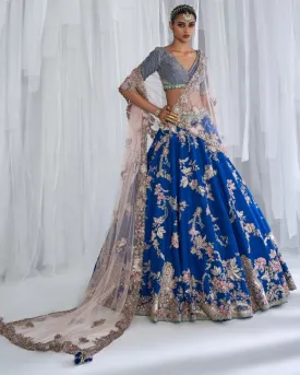 Daffodil Blue Raw Silk Bridal Lehenga Set