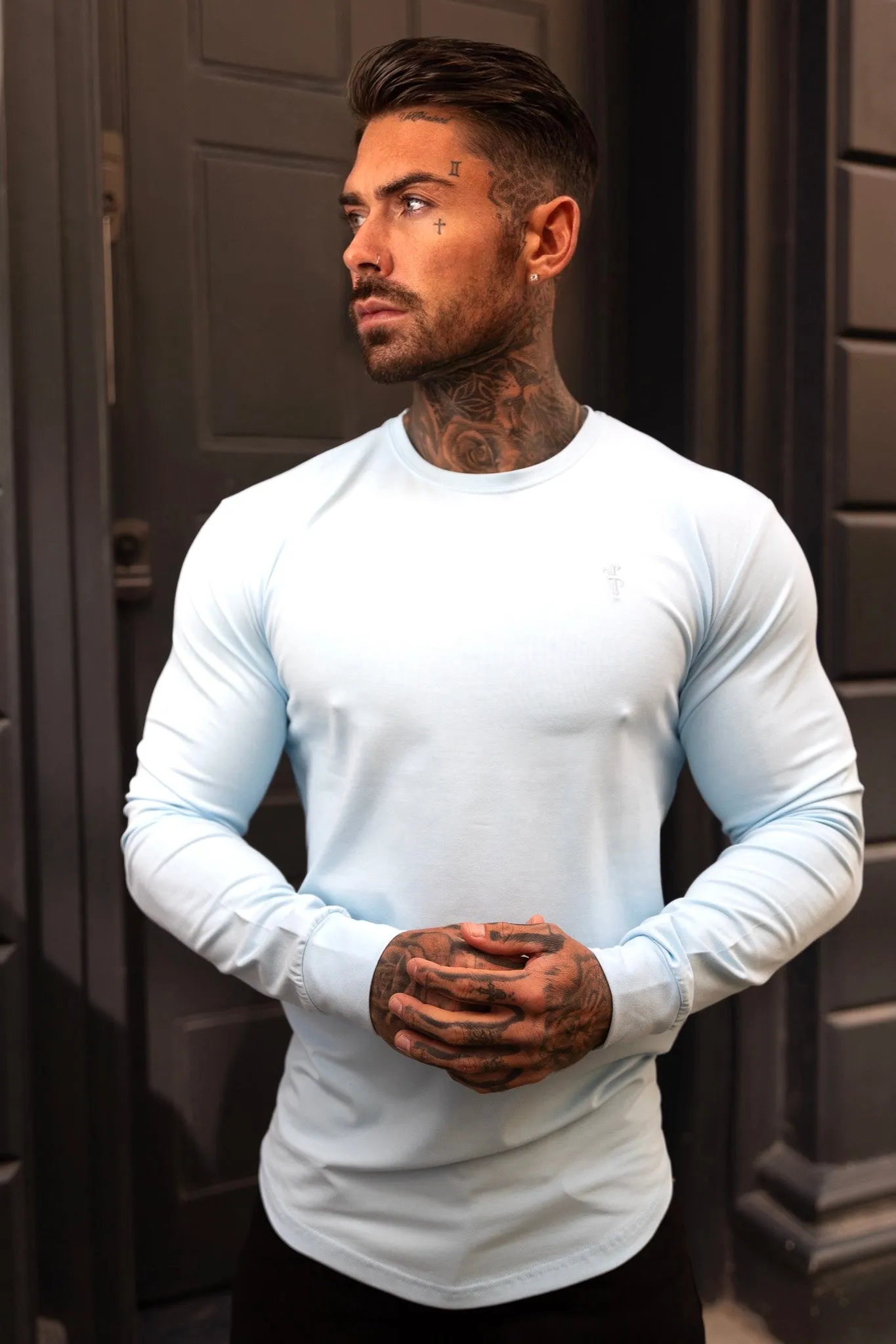 Father Sons Classic Baby Blue Tonal Curved Hem Long Sleeve Crew T Shirt - FSH999