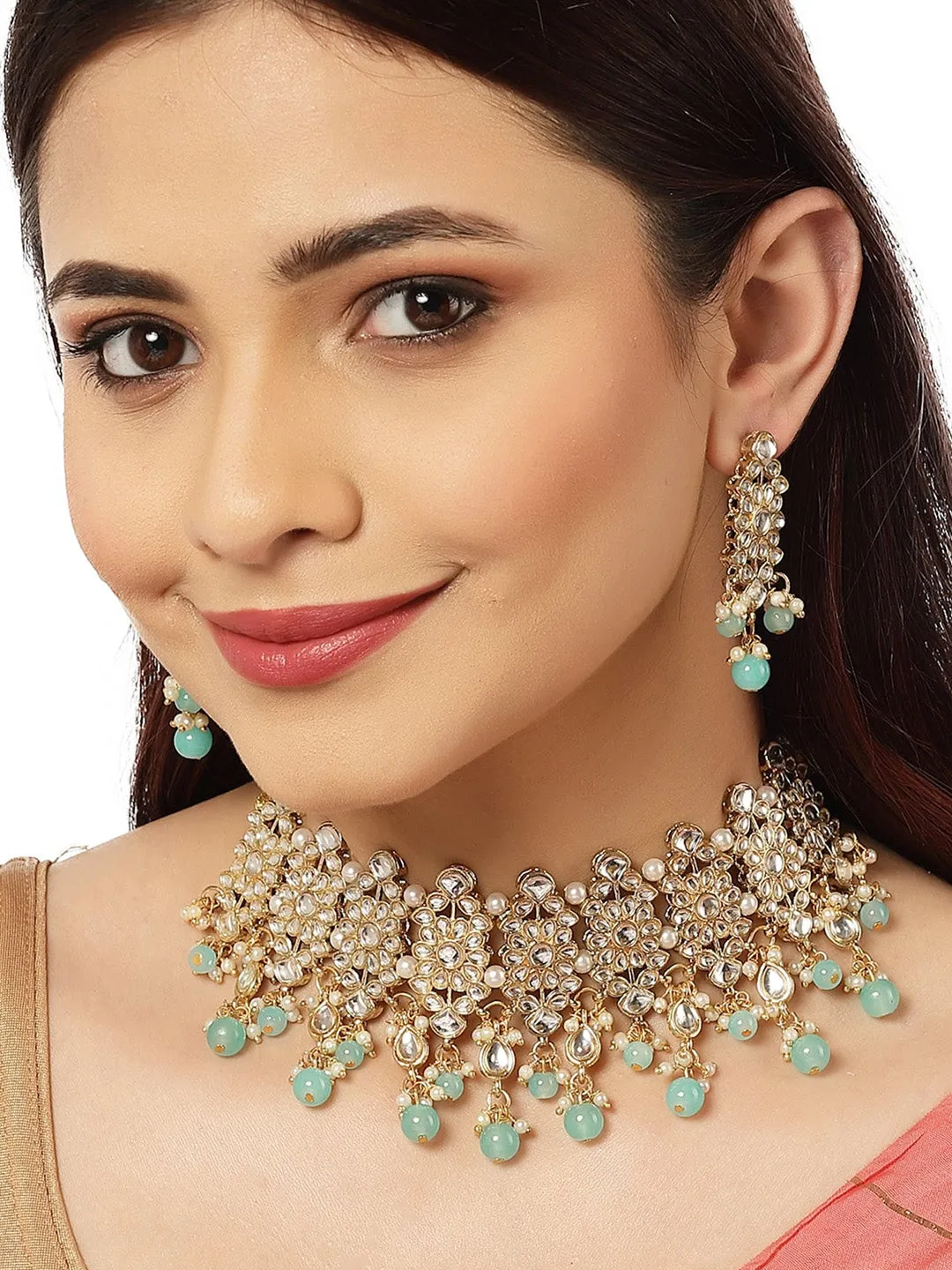 Gold-Plated White & Blue Kundan-Studded & Beaded Jewellery Set