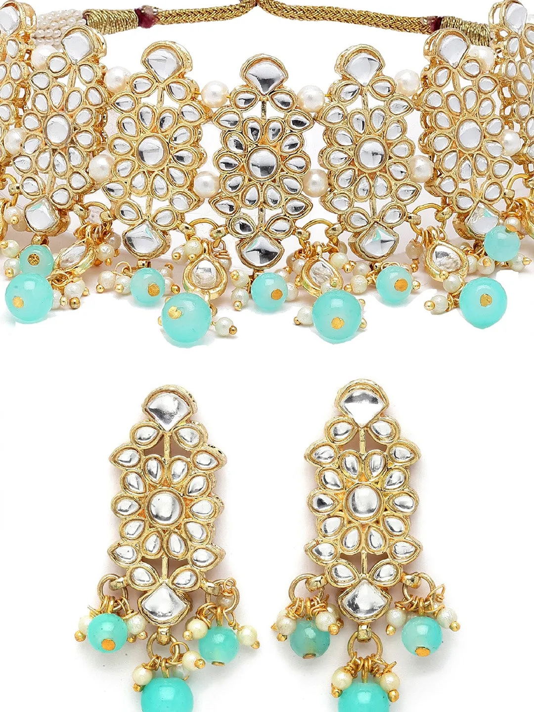 Gold-Plated White & Blue Kundan-Studded & Beaded Jewellery Set