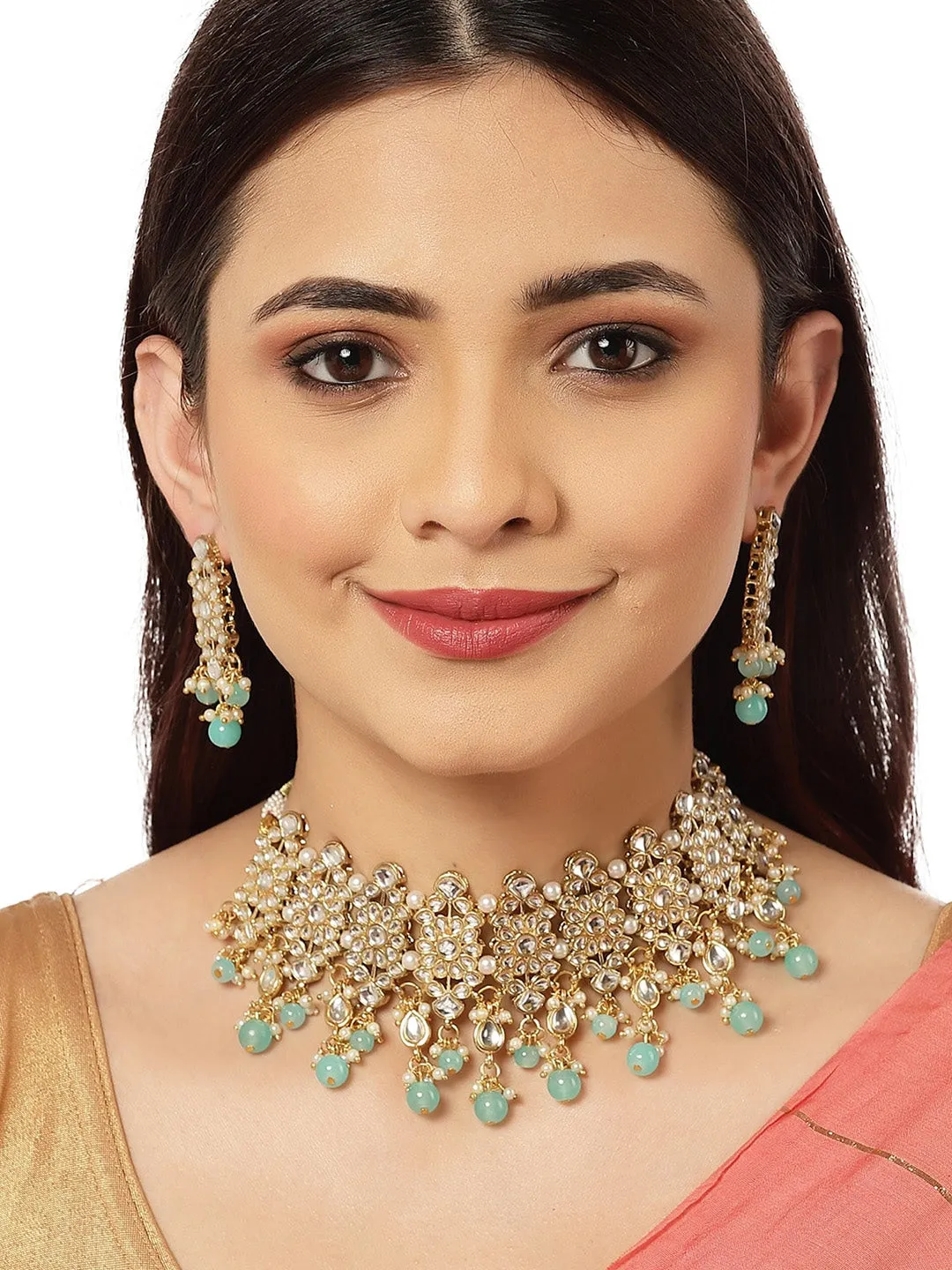 Gold-Plated White & Blue Kundan-Studded & Beaded Jewellery Set