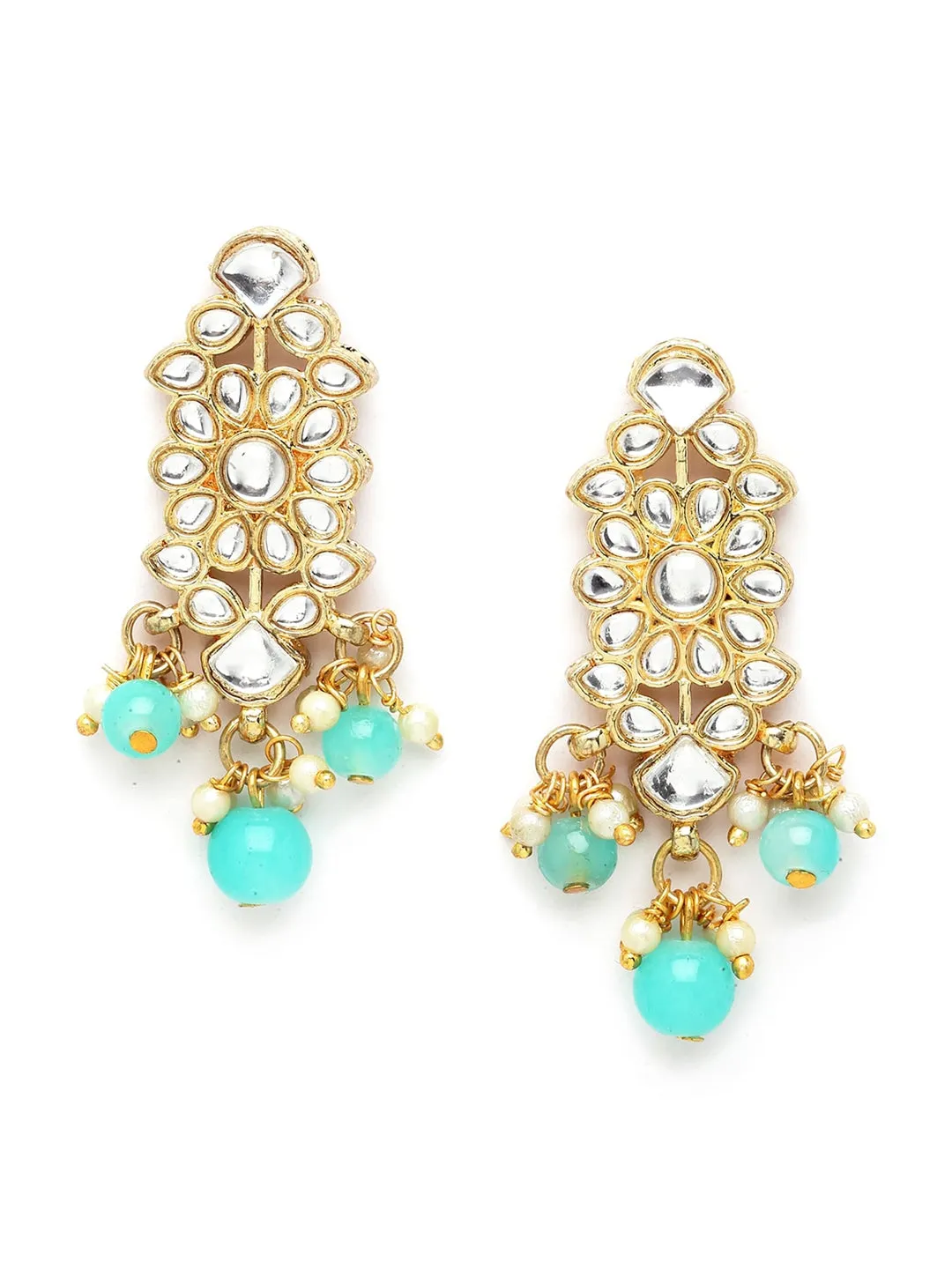 Gold-Plated White & Blue Kundan-Studded & Beaded Jewellery Set