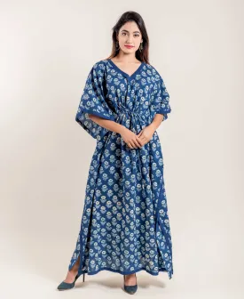 Indigo Floral Hand Block Printed V Neck Kaftan