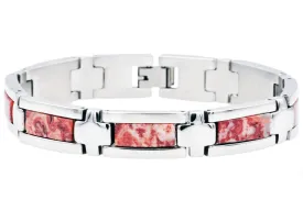 Mens Genuine Red Lace Agate Stainless Steel Bracelet