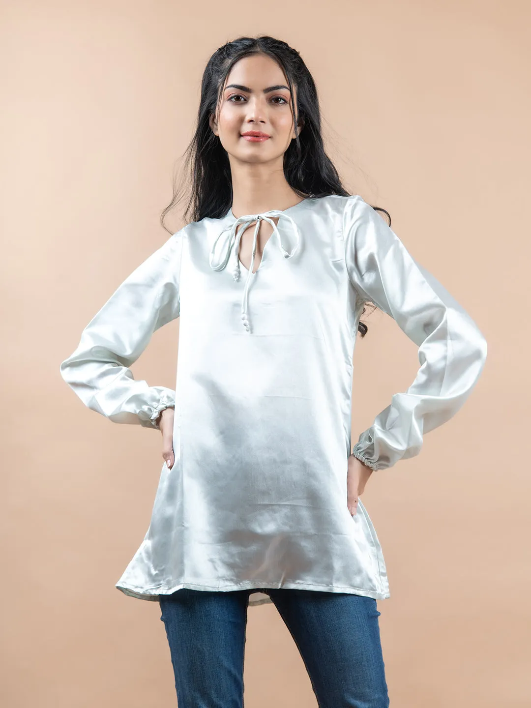 White Satin Full Sleeves Top